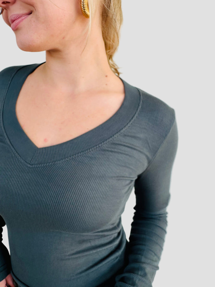 Surina Deep V Long Sleeve Tee - Pacific