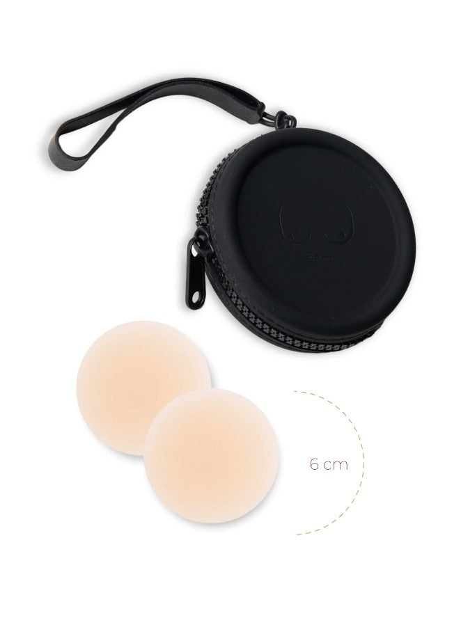 Product Shot Of Boob-eez Silicone Travel Case 6cm Nipple Covers With Black Tint Case.