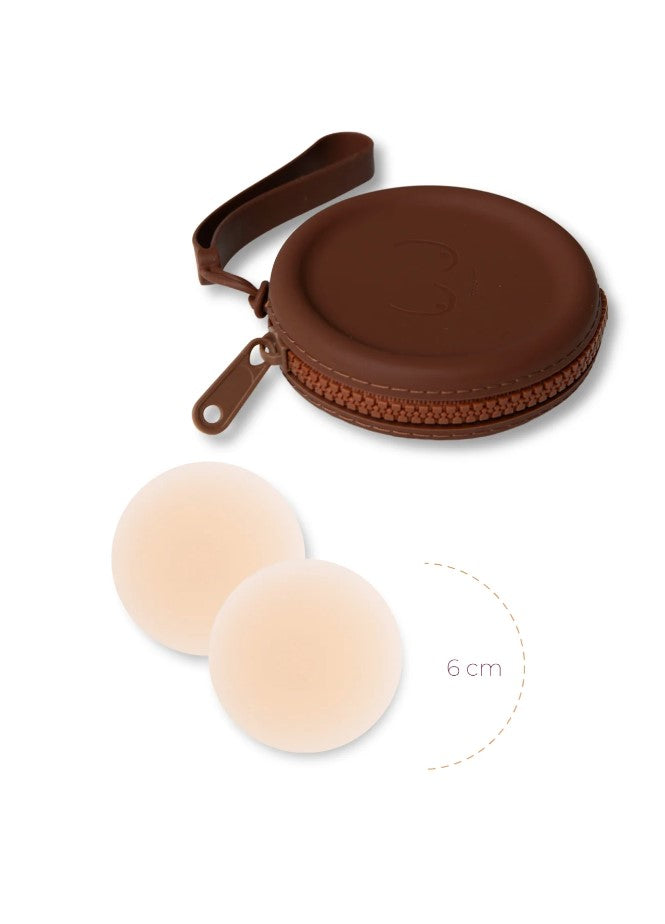 Product Shot Of Boob-eez Silicone Travel Case 6cm Nipple Covers With Dark Tint Case.