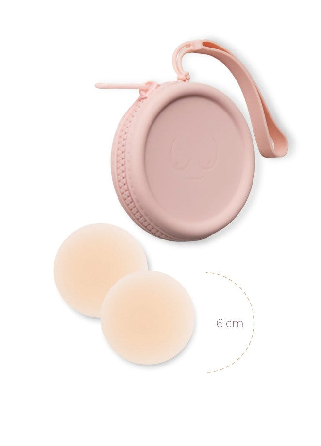 Product Shot Of Boob-eez Silicone Travel Case 6cm Nipple Covers With Dusty Pink Case.