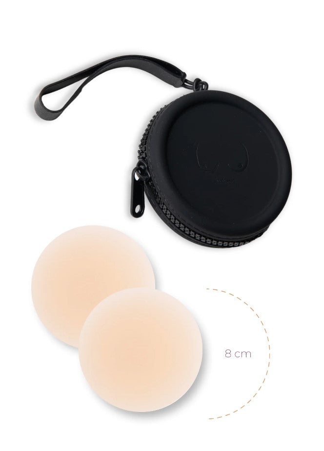 Product Shot Of Boob-eez Silicone Travel Case 8cm Nipple Covers With Black Tint Case.
