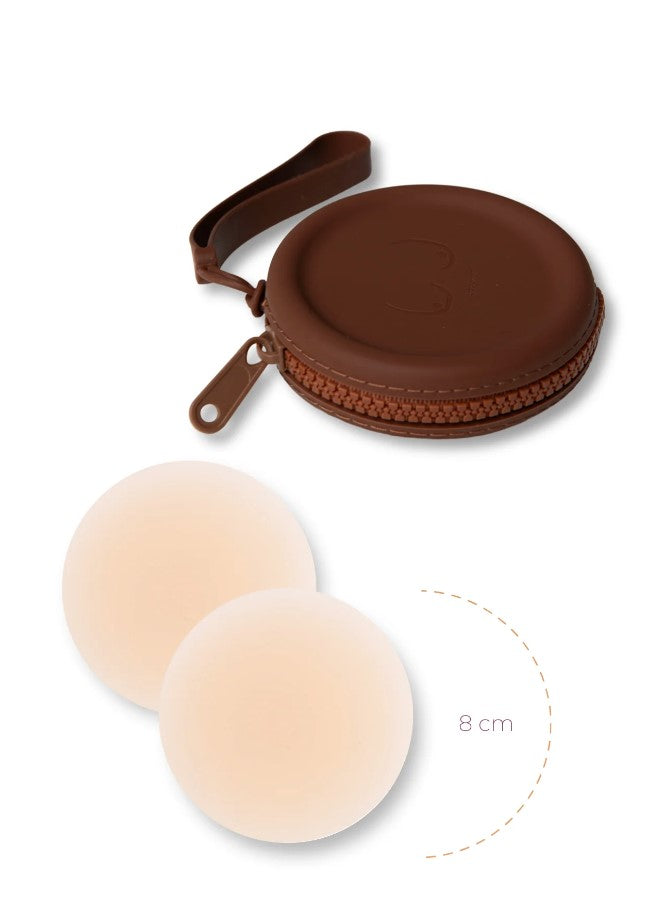 Product Shot Of Boob-eez Silicone Travel Case 8cm Nipple Covers With Dark Tint Case.