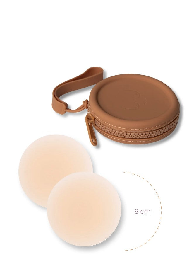 Product Shot of Boob-eez Silicone Travel Case 8cm Nipple Covers With Medium Tint Case.