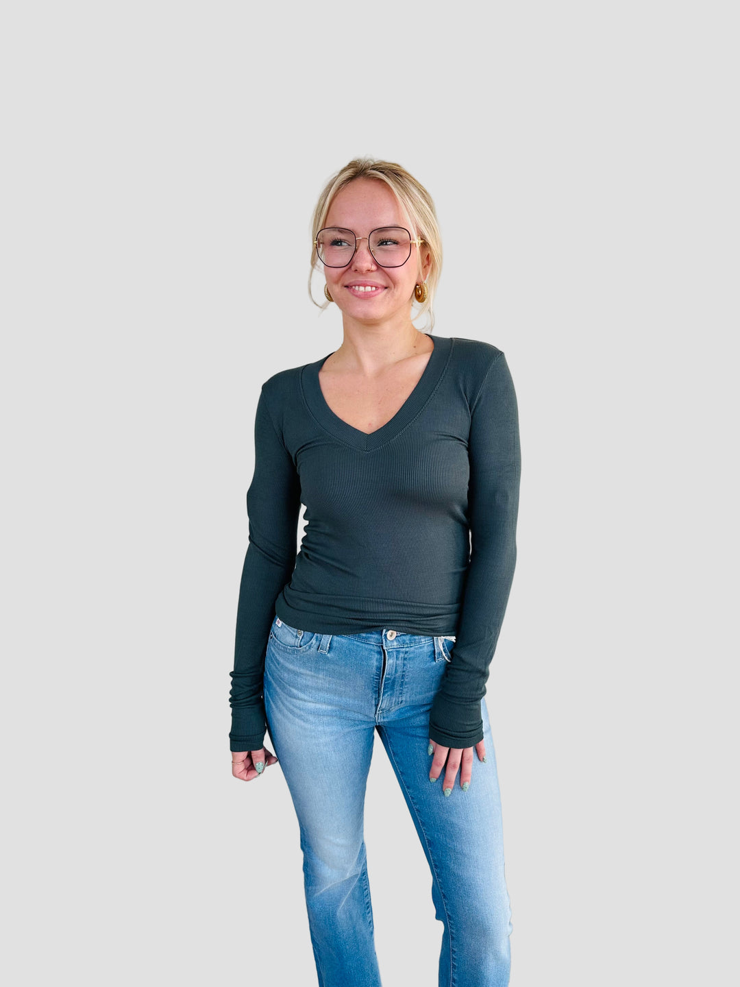 Surina Deep V Long Sleeve Tee - Pacific
