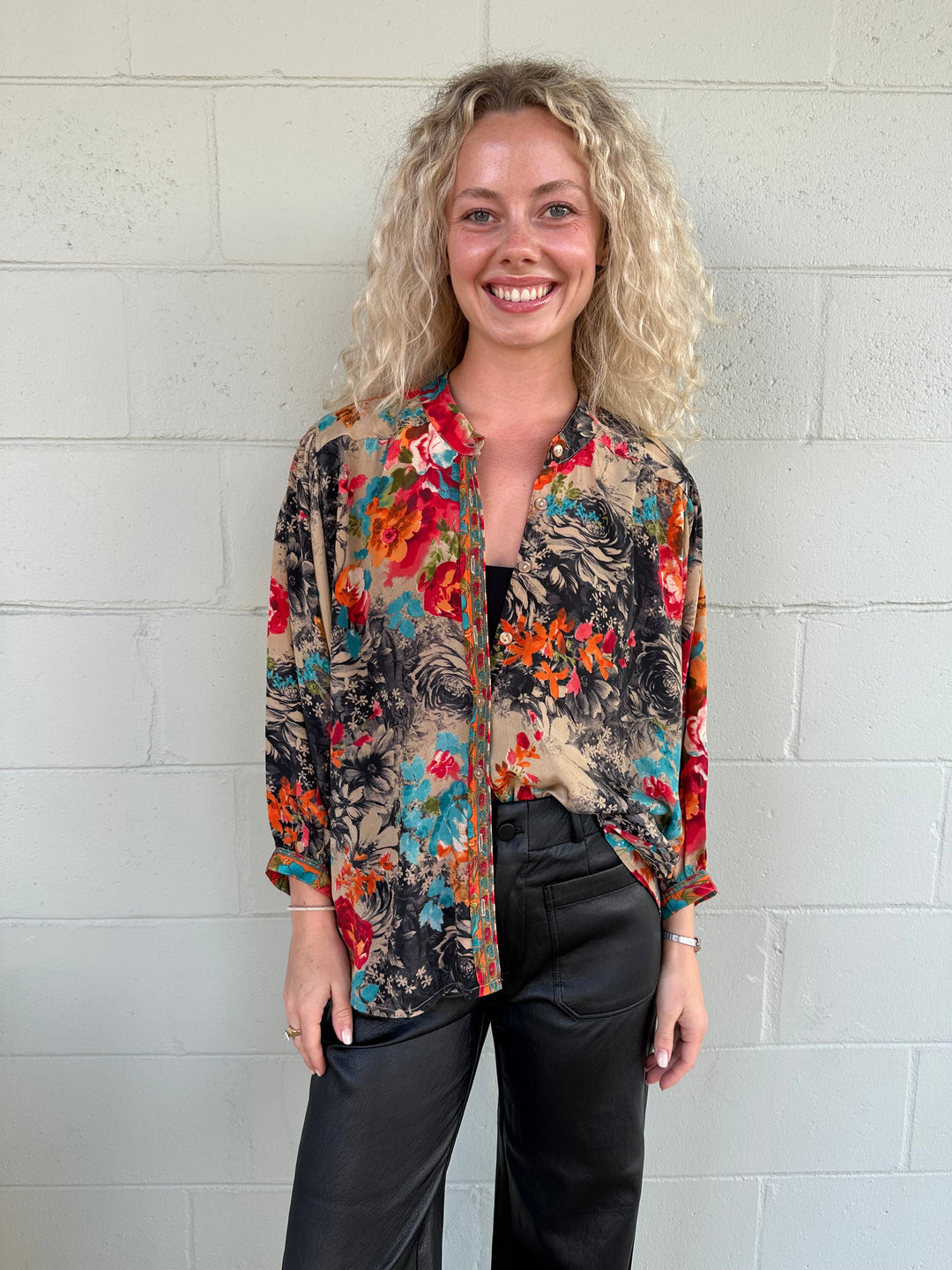 Oversized Button Down Top - Bright Floral