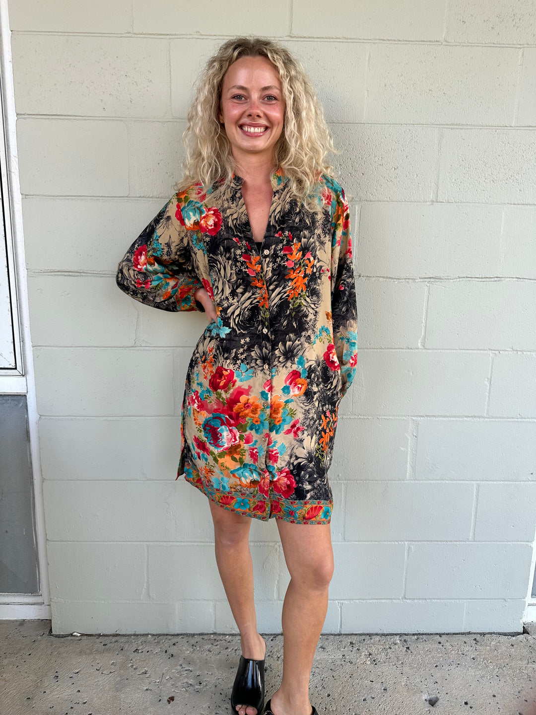 Button Down Shirt Dress - Bright Floral
