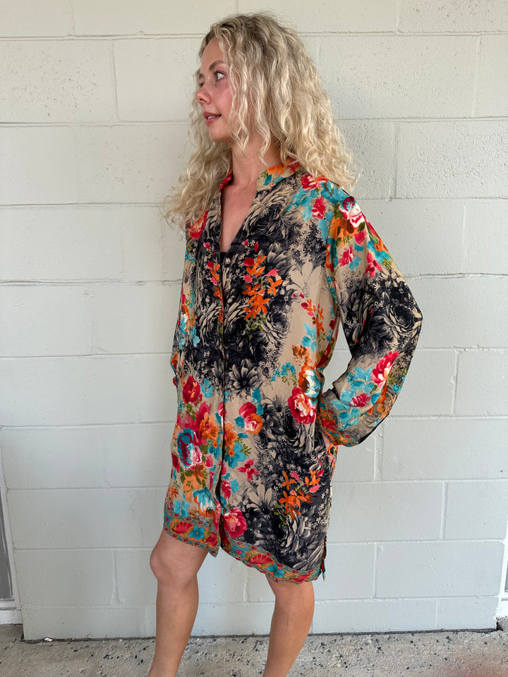 Button Down Shirt Dress - Bright Floral