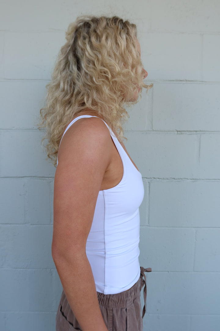 NUD Apparel Devon Long Tank In White Side Detail.