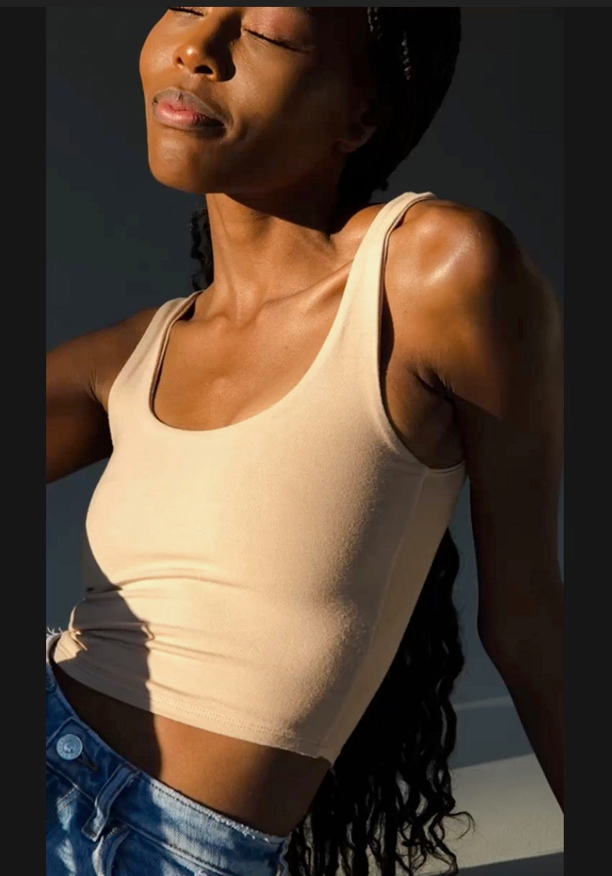 Product shot of NŪD Apparel Devon Double Layered Scoop Crop top in light nude, detail shot.