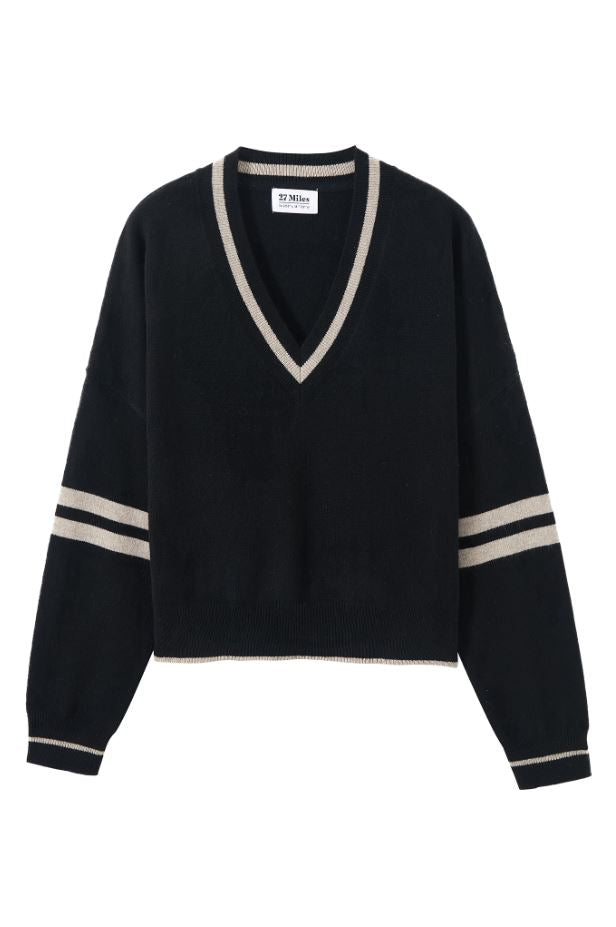 Ashley V Neck Cashmere Sweater - Black/Oatmeal