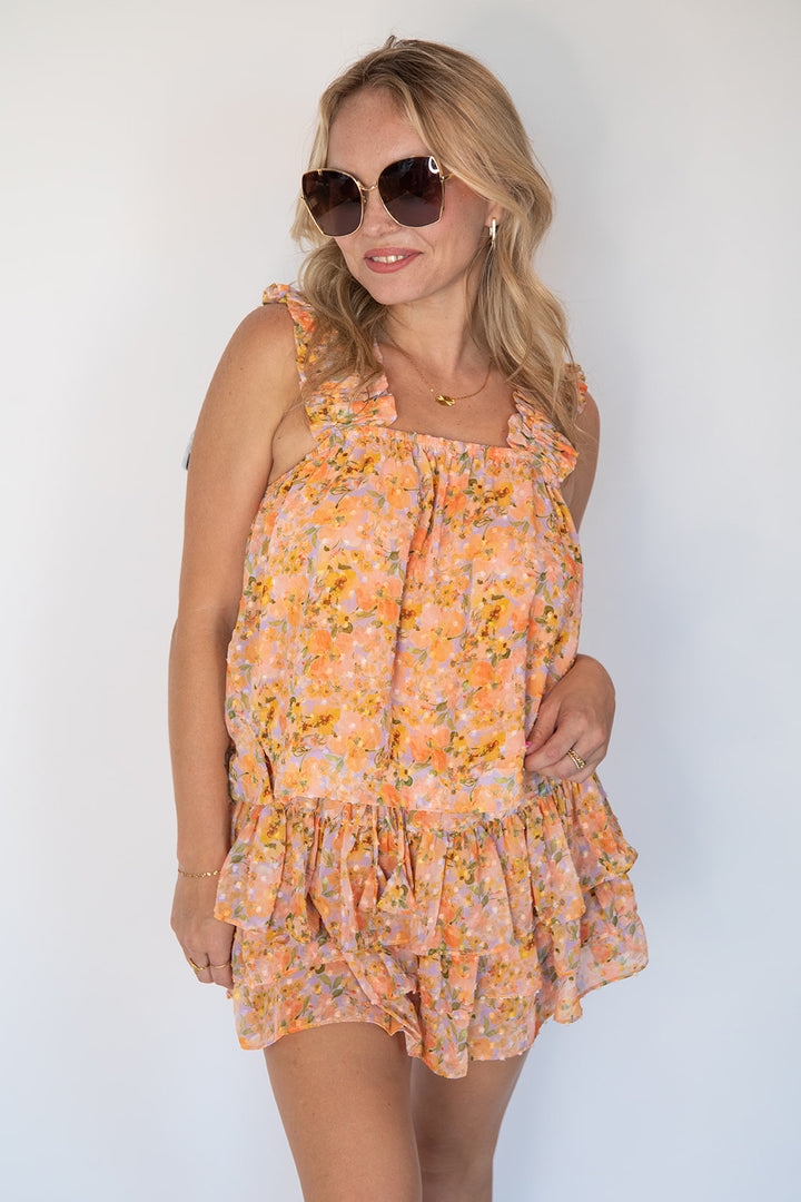 Tangerine Floral Ruffle Tank