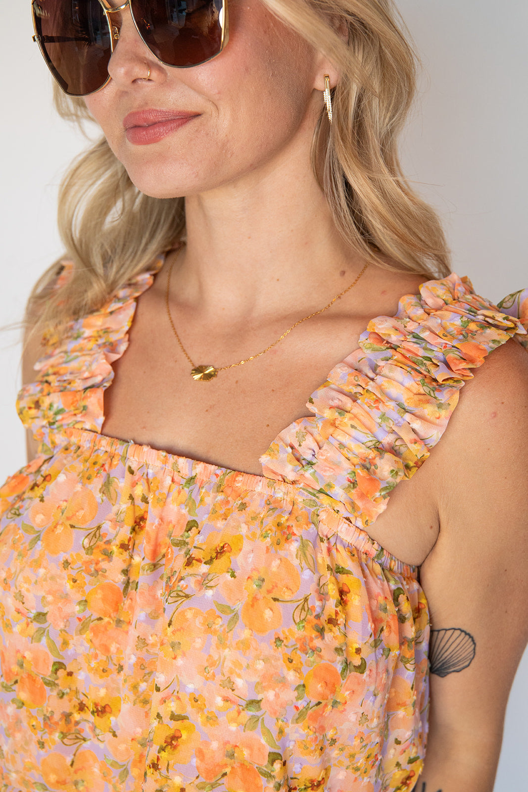Tangerine Floral Ruffle Tank