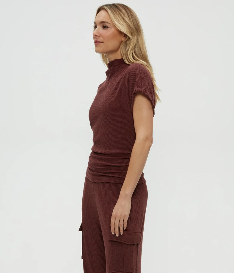 Lara Ribbed Mock Neck Tee - Espresso