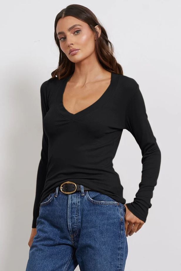 Surina Deep V Long Sleeve Tee - Black
