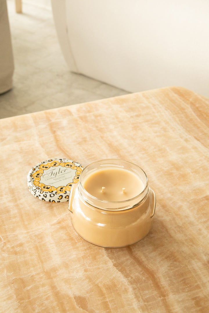 Product shot of Tyler Candle Company 22oz candle in scent icon.