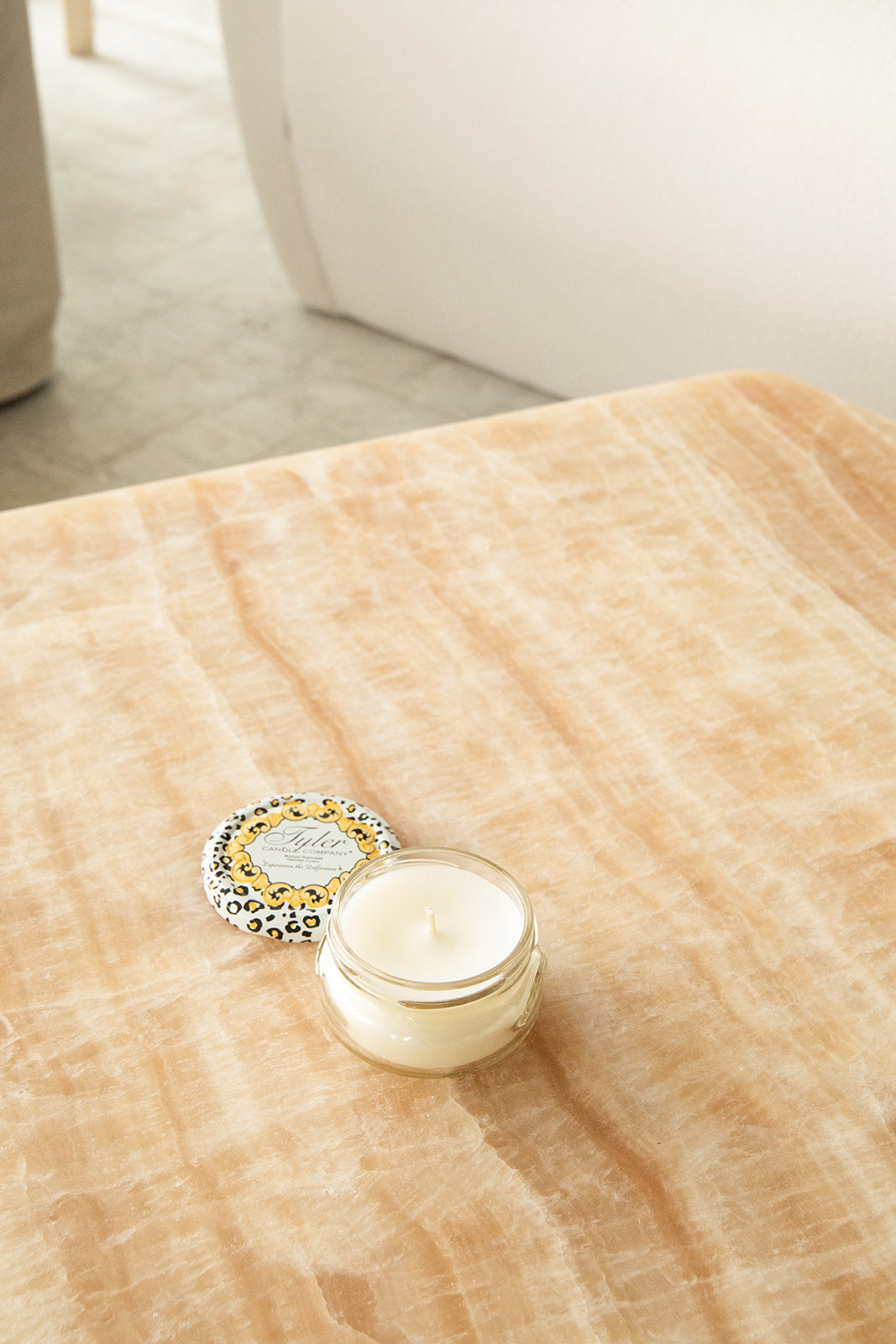 Product shot of Tyler Candle Company 3.4oz candle in scent platinum.