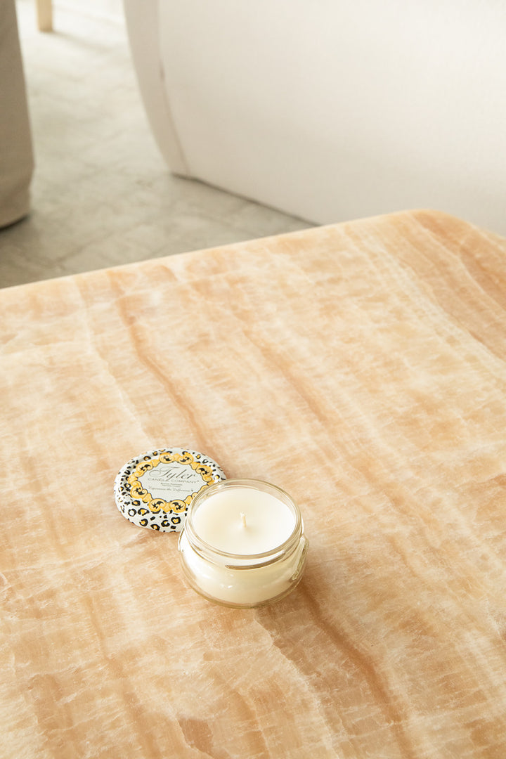 Product shot of Tyler Candle Company 3.4oz candle in scent platinum.