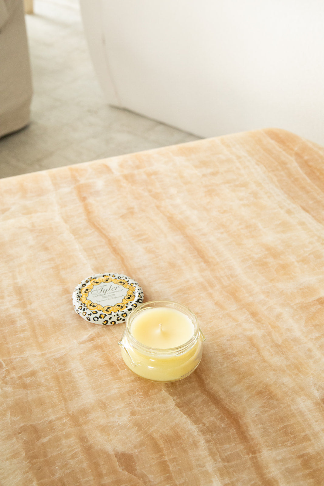 Product shot of Tyler Candle Company candle 3.4oz size in scent beach blonde.