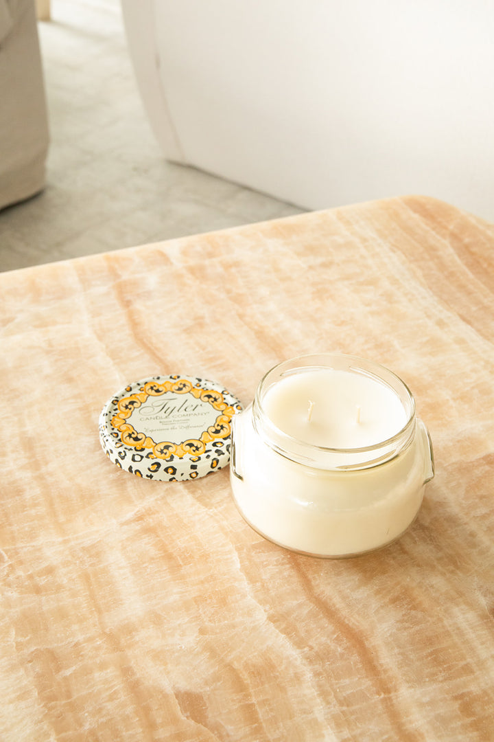 Product shot of Tyler Candle Company 22oz candle in scent winter wonderland.