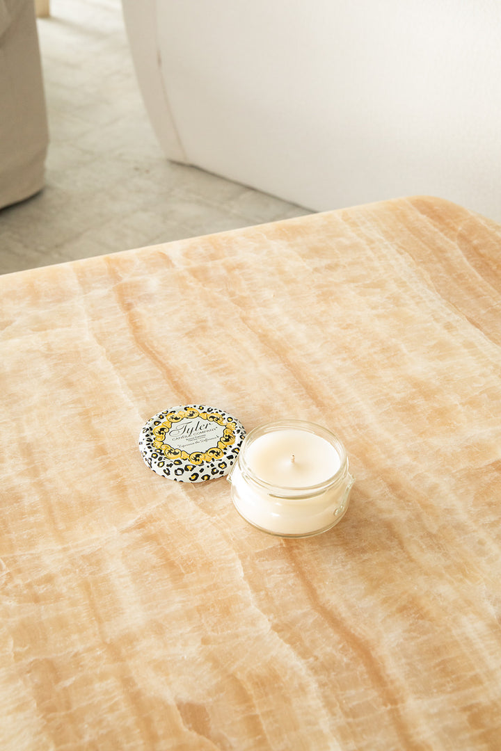 Product shot of Tyler Candle Company 3.4oz candle in scent winter wonderland.