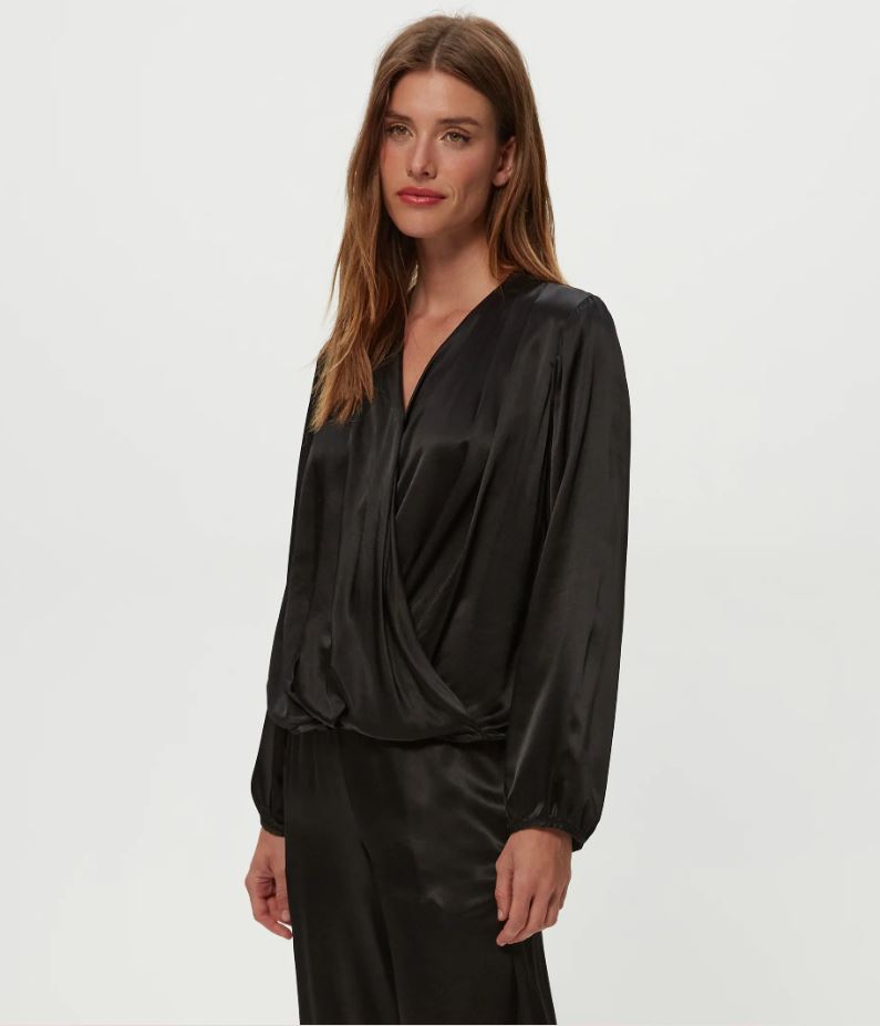 Vita Satin Surplice Top - Black