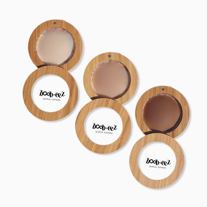 Product shot of light, medium, and dark nipple covers in Boob-eez LUXE Combo.