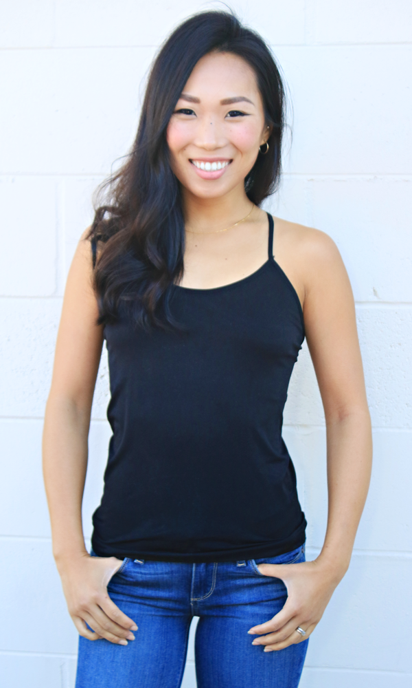 Product shot of Racerback Cami by Boob-eez in black, front view.