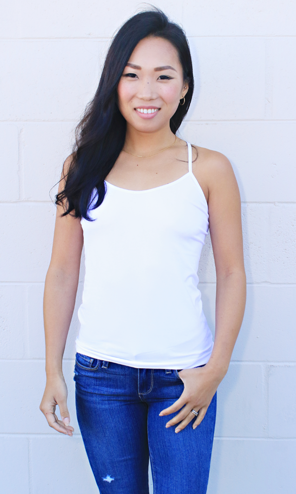 Product shot of Racerback Cami by Boob-eez in white, front view.