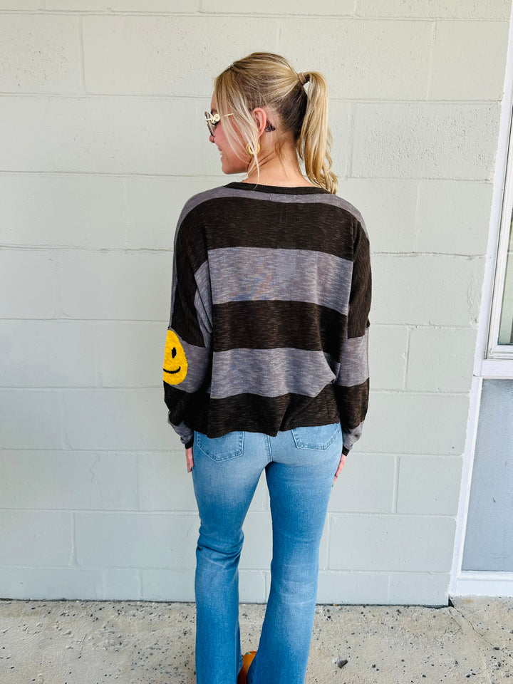 Happy Face Stripe Knit Sweater - Elephant
