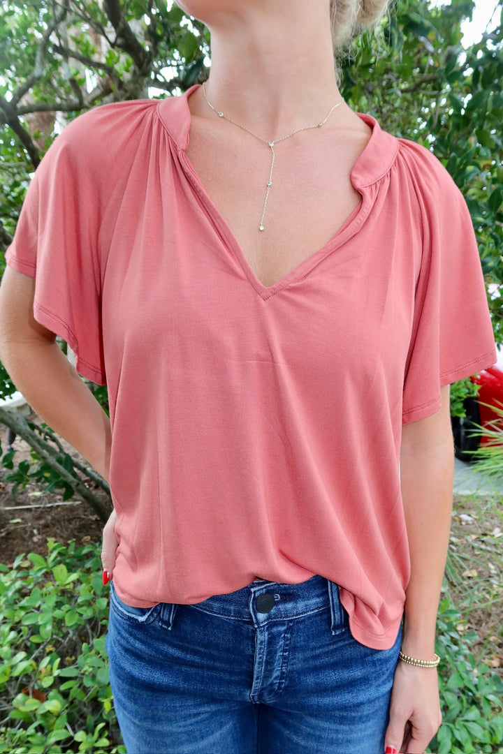 Split Neck Short Sleeve Top