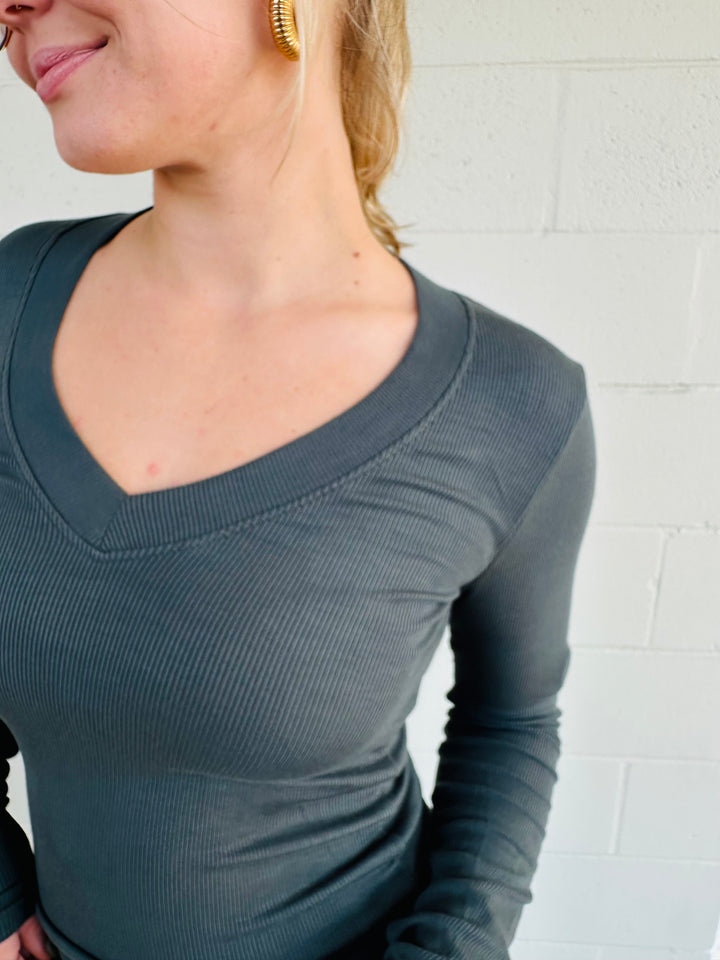 Surina Deep V Long Sleeve Tee - Pacific