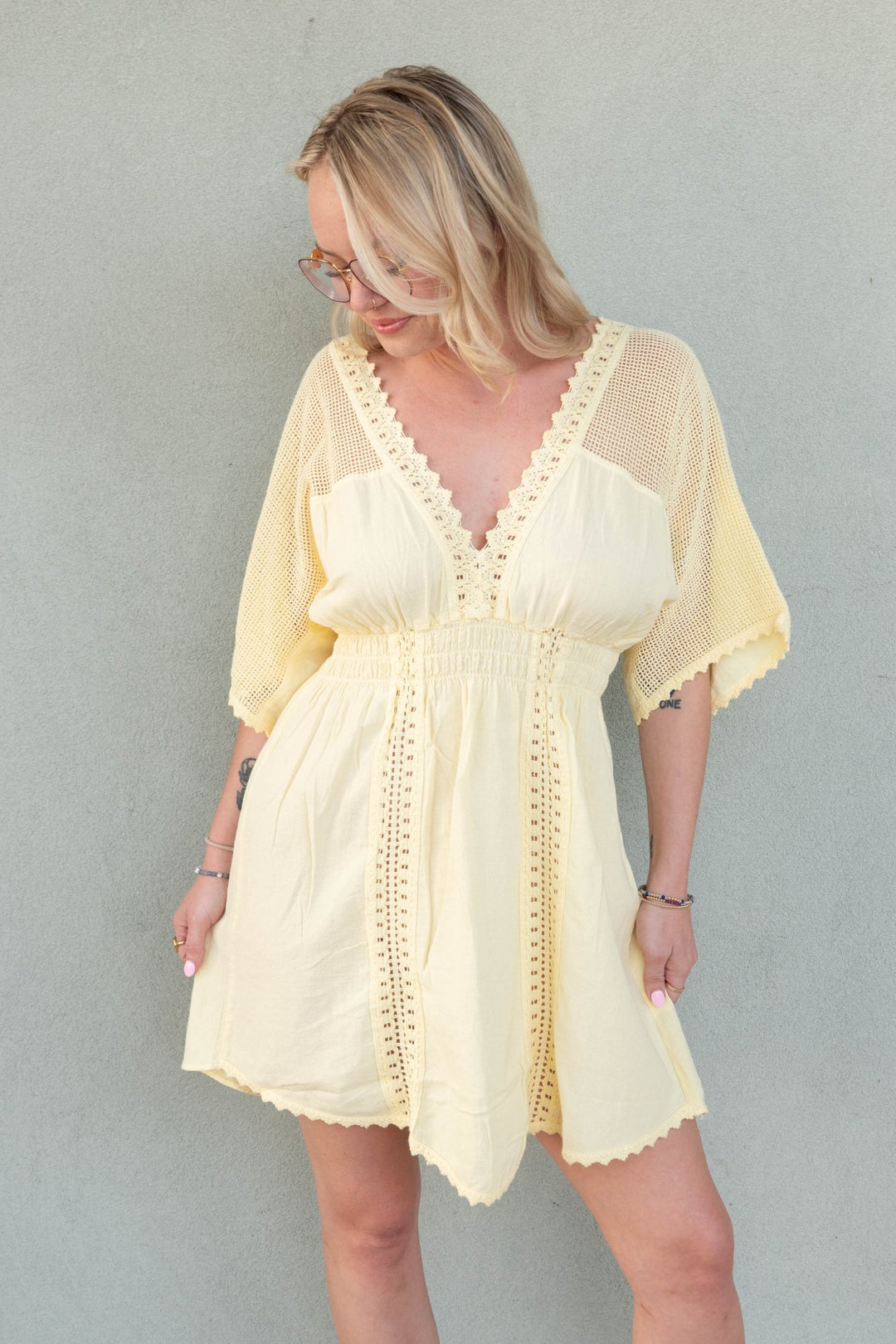 3/4 Slv. Cinch Waist Coverup - Baby Yellow - Jaffi's