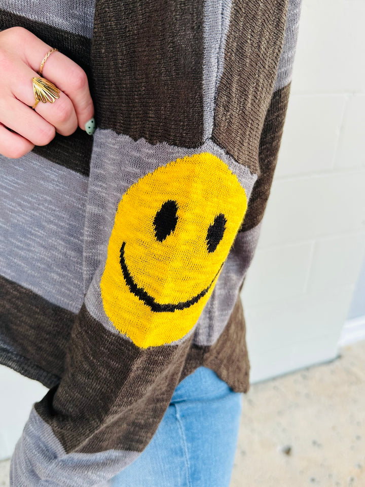 Happy Face Stripe Knit Sweater - Elephant