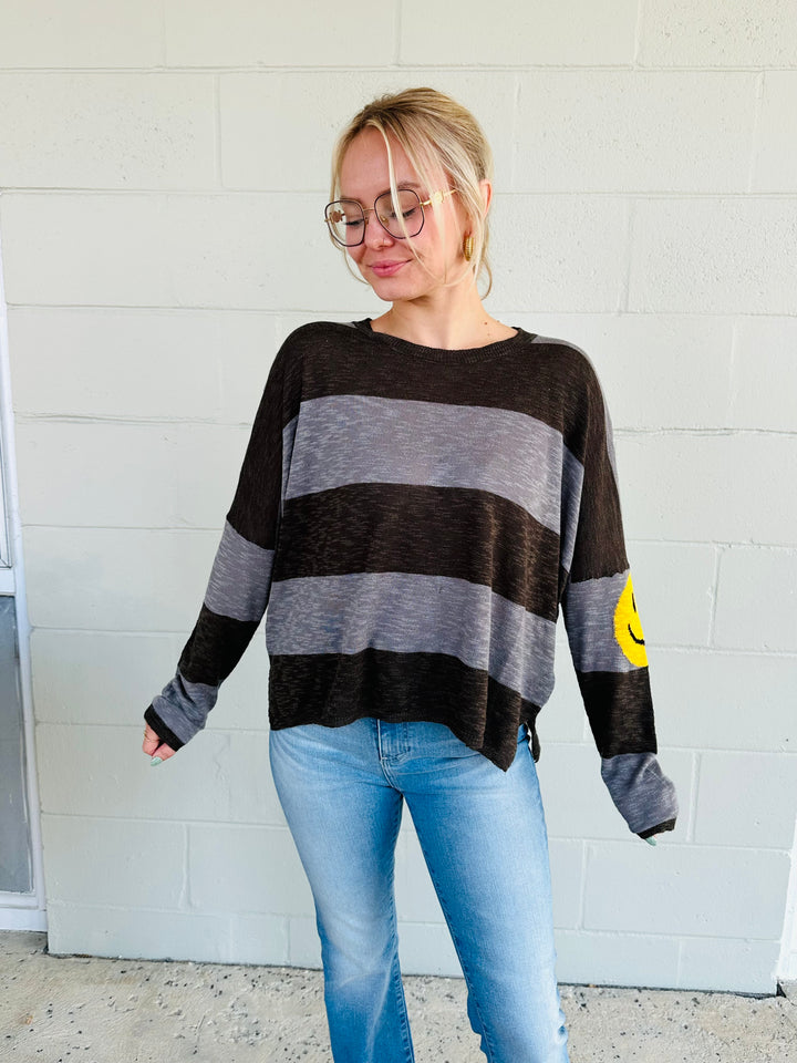 Happy Face Stripe Knit Sweater - Elephant