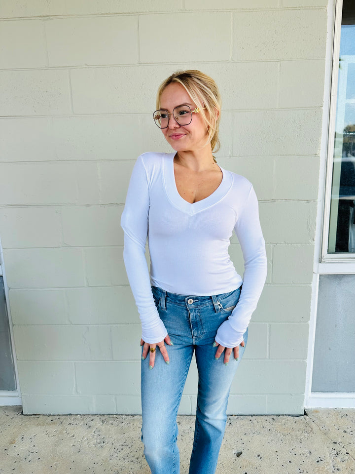 Surina Deep V Long Sleeve Tee - White