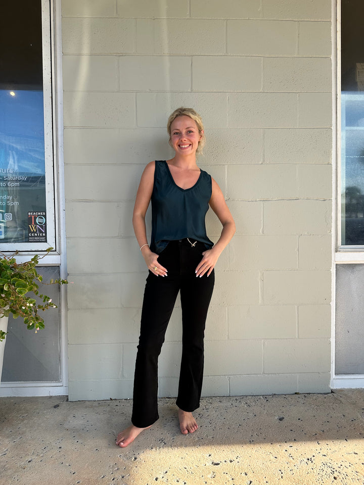 Liz Satin V Neck Tank - Rainforest
