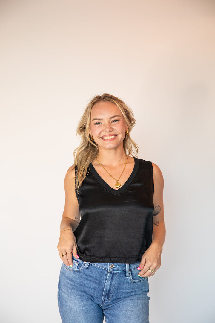 Lila Satin V Neck Tank - Black