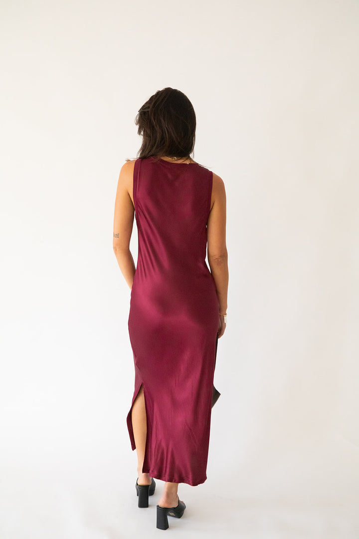 Randi Satin V Neck Midi Dress - Garnet