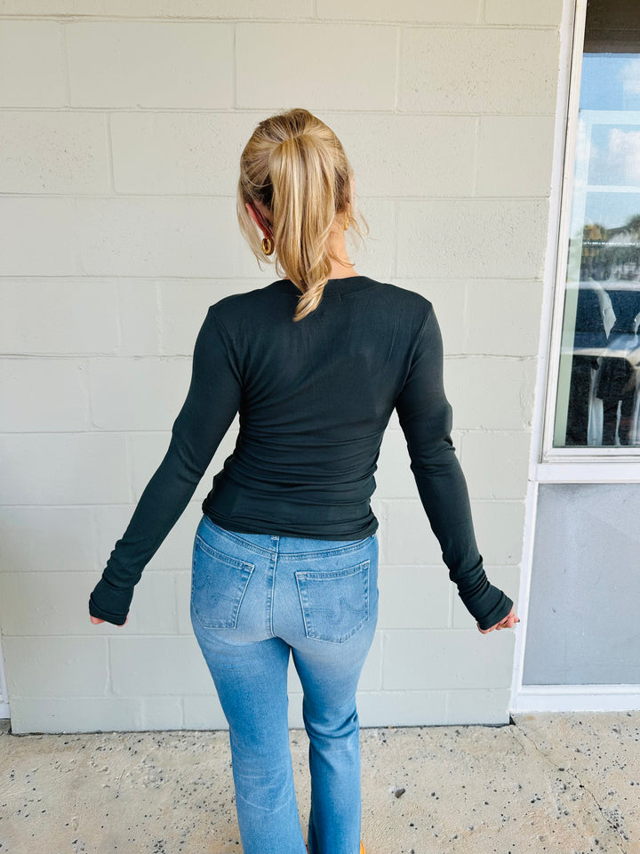 Surina Deep V Long Sleeve Tee - Pacific