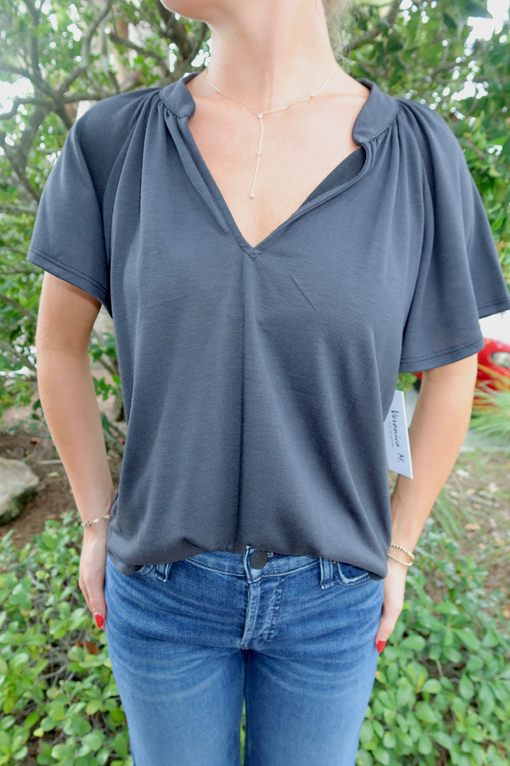 Split Neck Short Sleeve Top