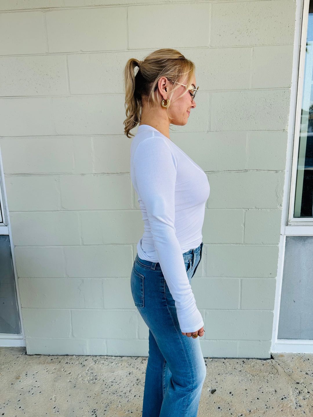 Surina Deep V Long Sleeve Tee - White