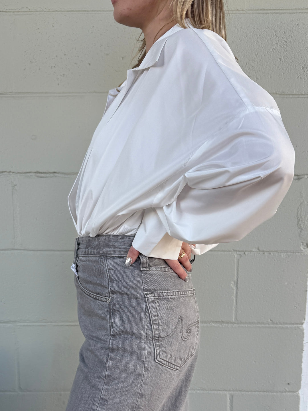 Long Sleeve Shirting Bodysuit - White