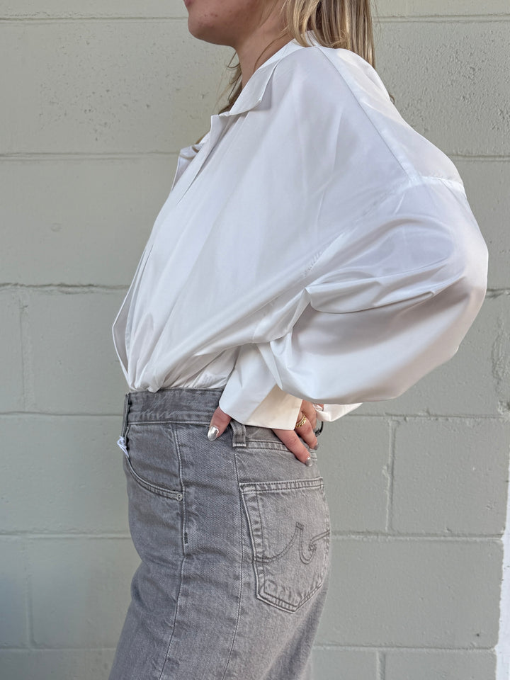 Long Sleeve Shirting Bodysuit - White