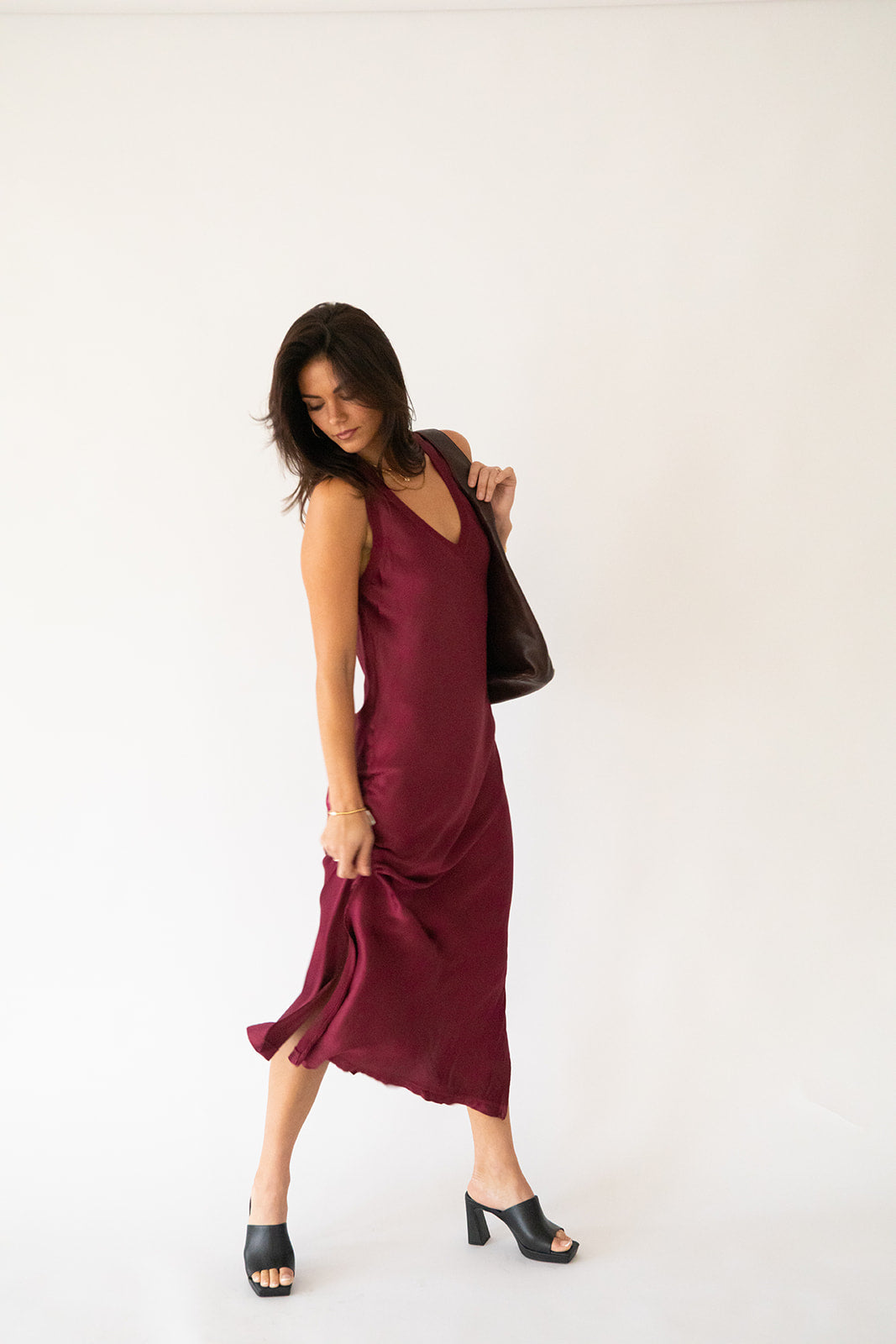 Randi Satin V Neck Midi Dress - Garnet