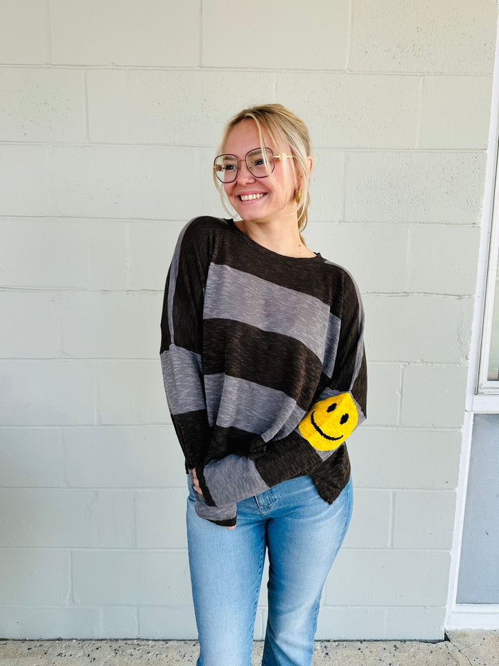 Happy Face Stripe Knit Sweater - Elephant