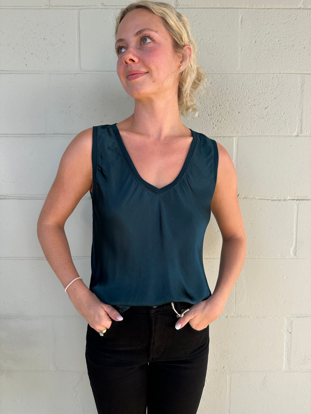 Liz Satin V Neck Tank - Rainforest