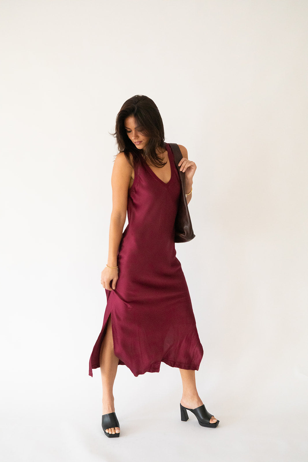 Randi Satin V Neck Midi Dress - Garnet