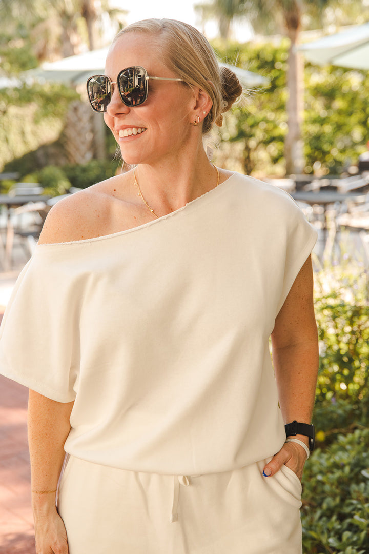 French Terry Off The Shoulder Sweatshirt - Off White