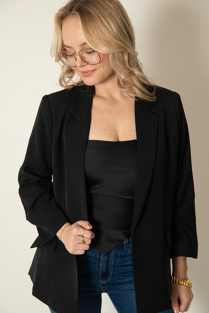 Silky Scrunch Sleeve Blazer - Black