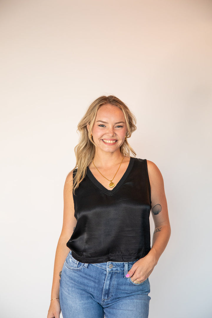 Lila Satin V Neck Tank - Black